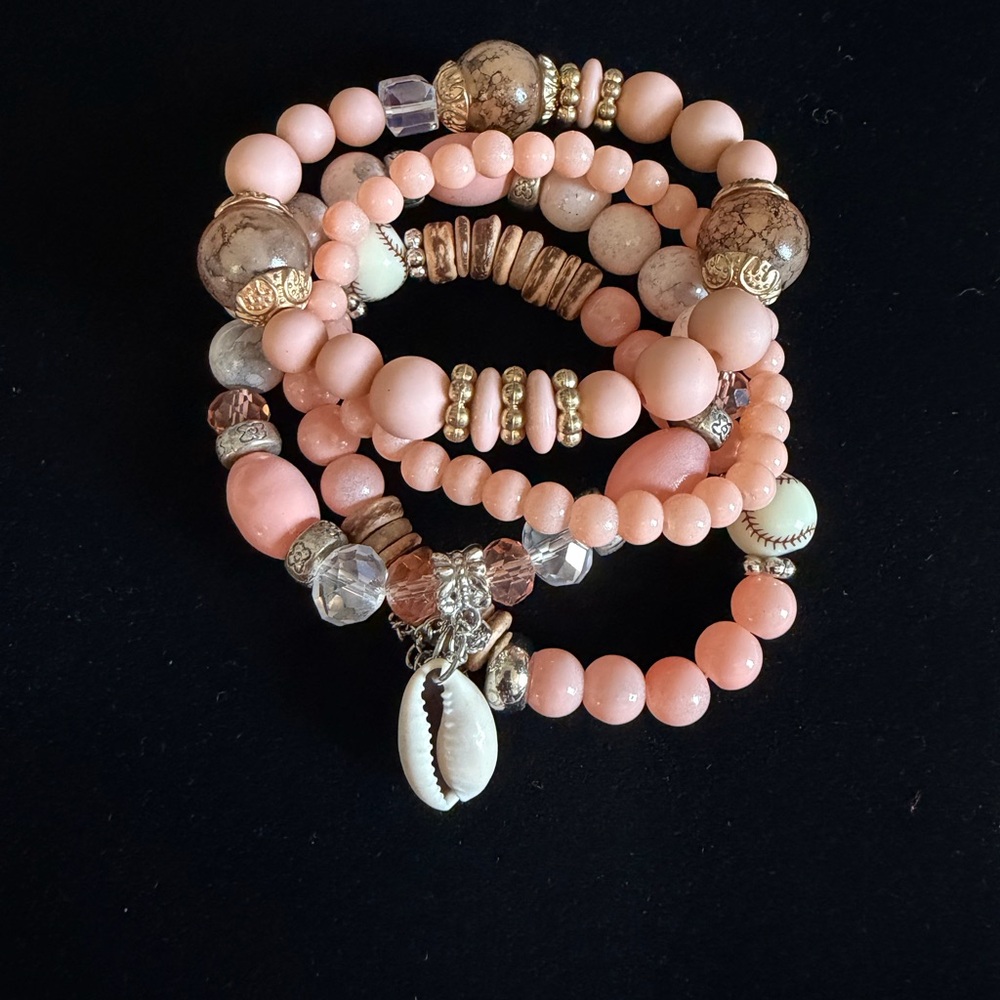 Stackable Pink Gold Beaded Charm Bracelet Set with Shell Dangle for Women